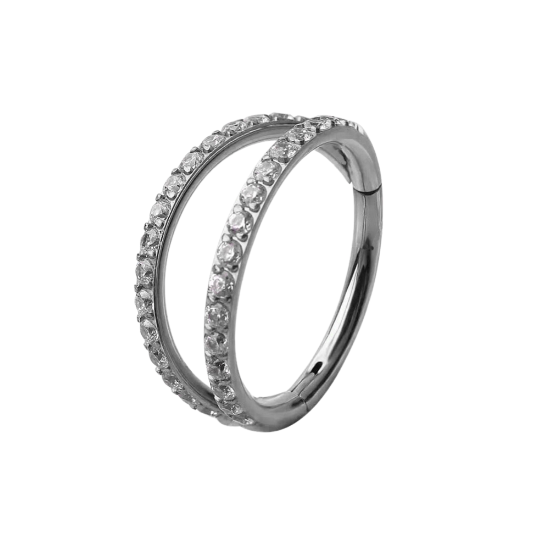 Titanium Clicker With 2 Rows Cubic Zirconia Stones Pave