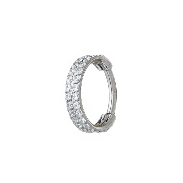 Titanium Clicker With 2 Stacked Rows of Cubic Zirconia Stones Pave